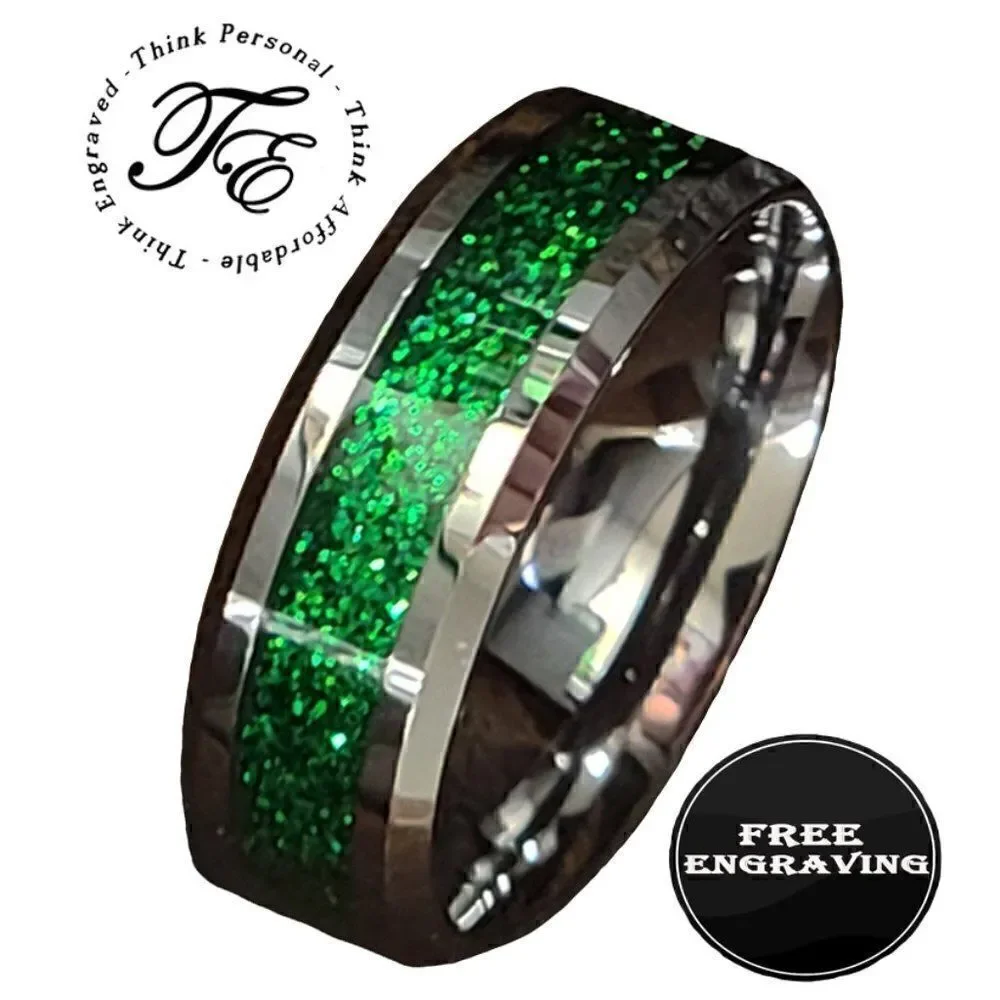 Personalized Men's Green Emerald Galaxy Tungsten Promise Ring  or Wedding Ring